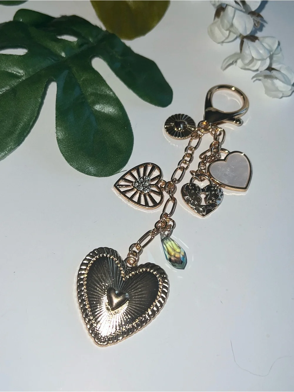 Gold Heart Bag Charm Keychain with Mother-of-Pearl Accent & Green Crystal